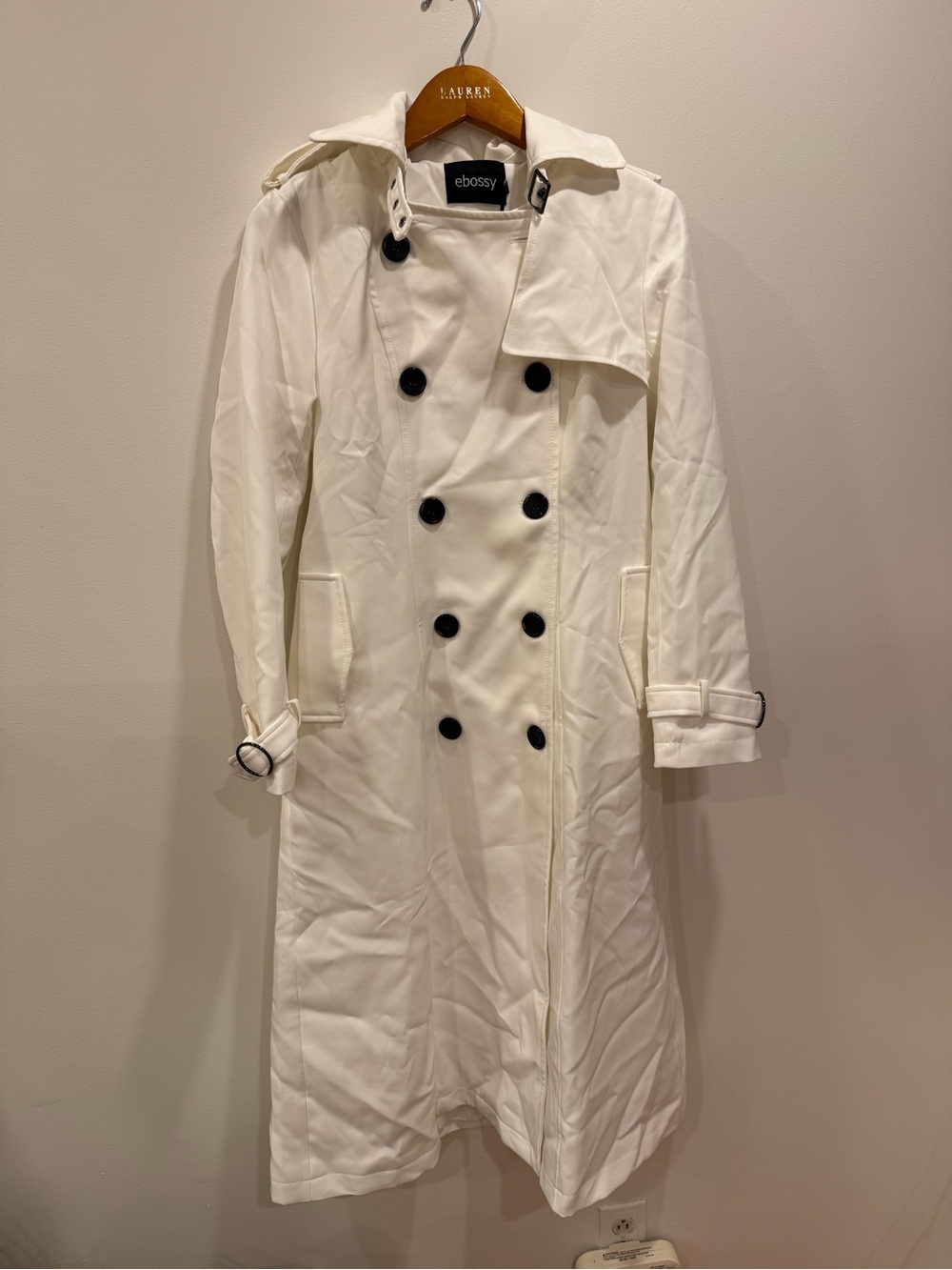 Ebossy White Double-Breasted Trench Coat with Black Buttons NWT